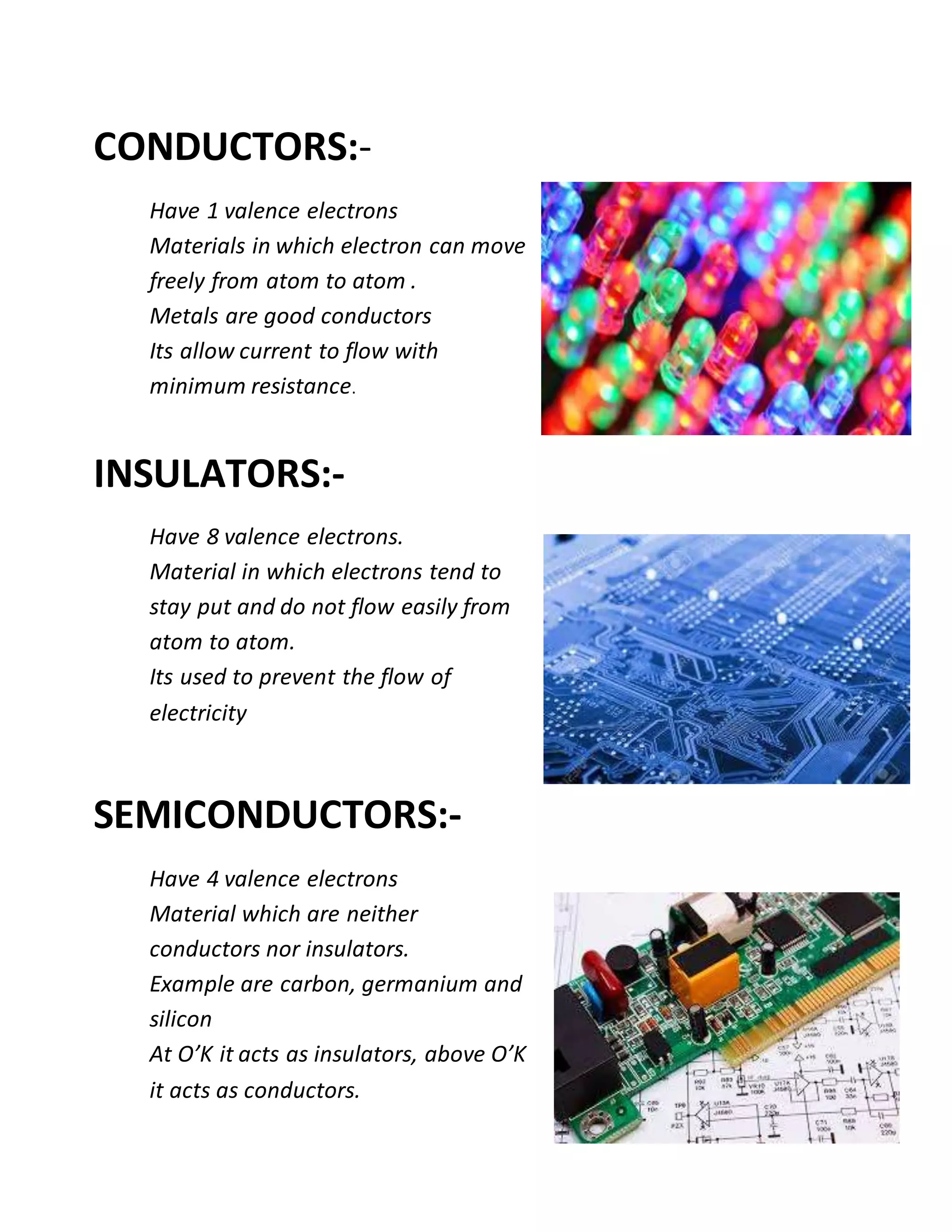 CONDUCTORS:-
Have 1 valence electrons
Materials in which electron can move
freely from atom to atom .
Metals are good conductors
Its allow current to flow with
minimum resistance.
INSULATORS:-
Have 8 valence electrons.
Material in which electrons tend to
stay put and do not flow easily from
atom to atom.
Its used to prevent the flow of
electricity
SEMICONDUCTORS:-
Have 4 valence electrons
Material which are neither
conductors nor insulators.
Example are carbon, germanium and
silicon
At O’K it acts as insulators, above O’K
it acts as conductors.
 