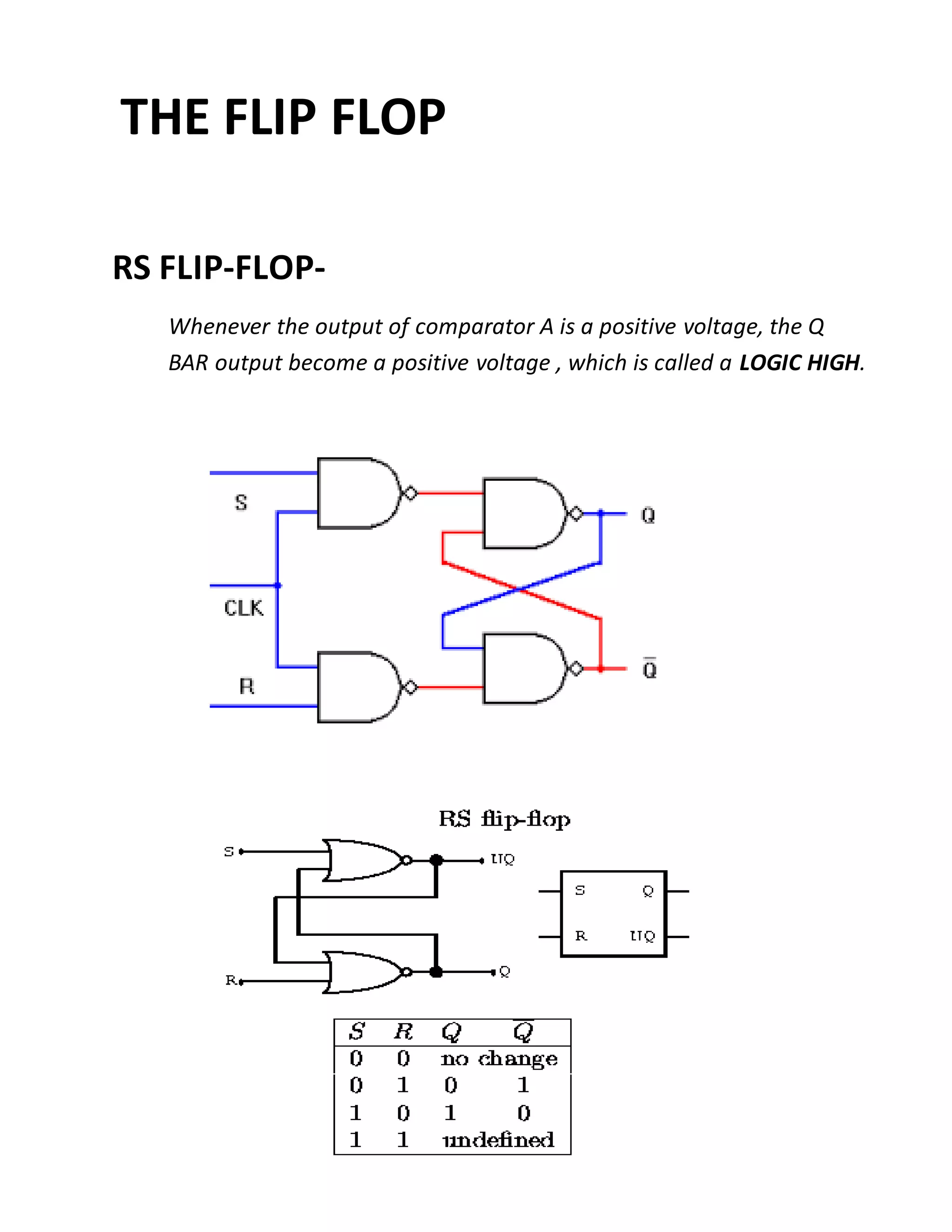 THE FLIP FLOP
RS FLIP-FLOP-
Whenever the output of comparator A is a positive voltage, the Q
BAR output become a positive voltage , which is called a LOGIC HIGH.
 