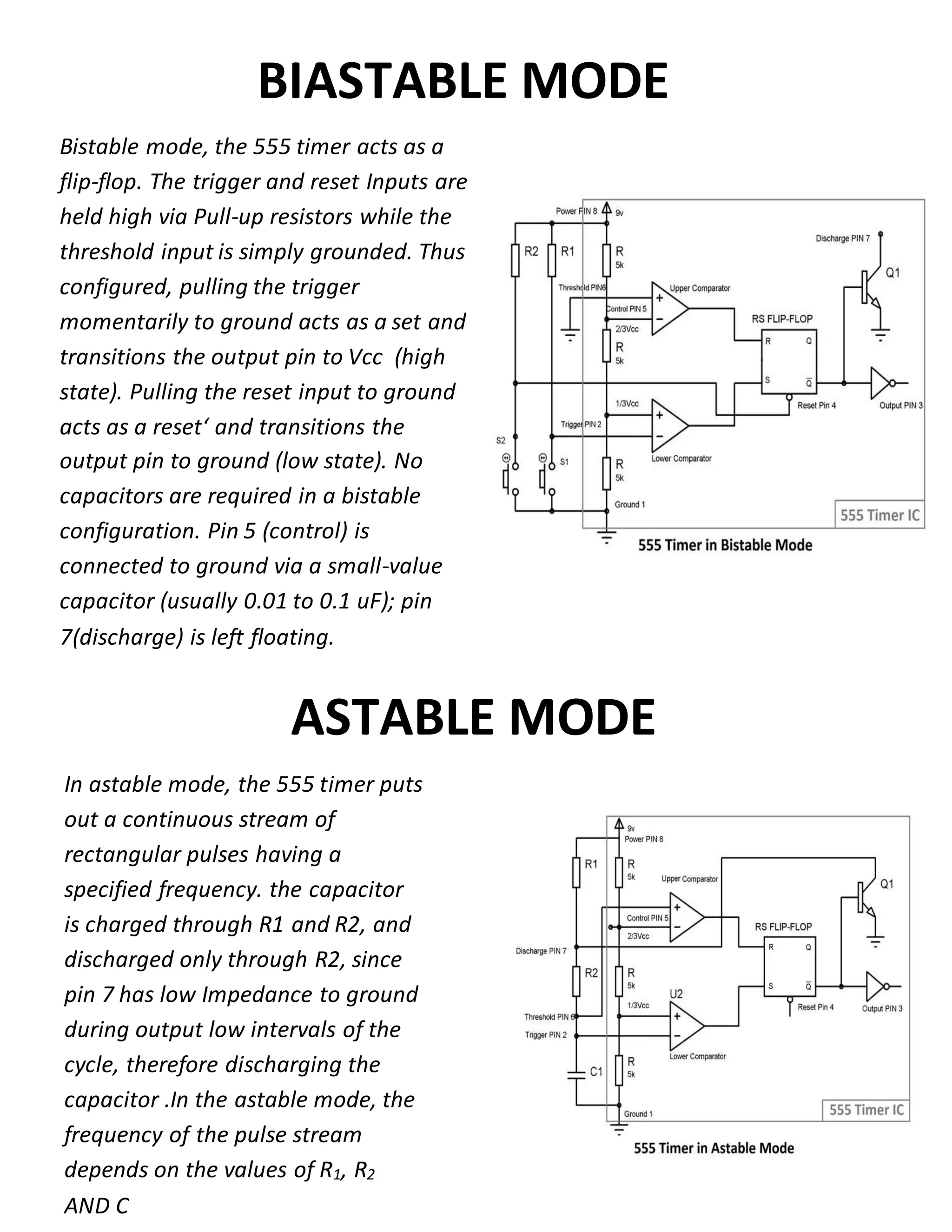 BIASTABLE MODE
Bistable mode, the 555 timer acts as a
flip-flop. The trigger and reset Inputs are
held high via Pull-up resistors while the
threshold input is simply grounded. Thus
configured, pulling the trigger
momentarily to ground acts as a set and
transitions the output pin to Vcc (high
state). Pulling the reset input to ground
acts as a reset‘ and transitions the
output pin to ground (low state). No
capacitors are required in a bistable
configuration. Pin 5 (control) is
connected to ground via a small-value
capacitor (usually 0.01 to 0.1 uF); pin
7(discharge) is left floating.
ASTABLE MODE
In astable mode, the 555 timer puts
out a continuous stream of
rectangular pulses having a
specified frequency. the capacitor
is charged through R1 and R2, and
discharged only through R2, since
pin 7 has low Impedance to ground
during output low intervals of the
cycle, therefore discharging the
capacitor .In the astable mode, the
frequency of the pulse stream
depends on the values of R1, R2
AND C
 