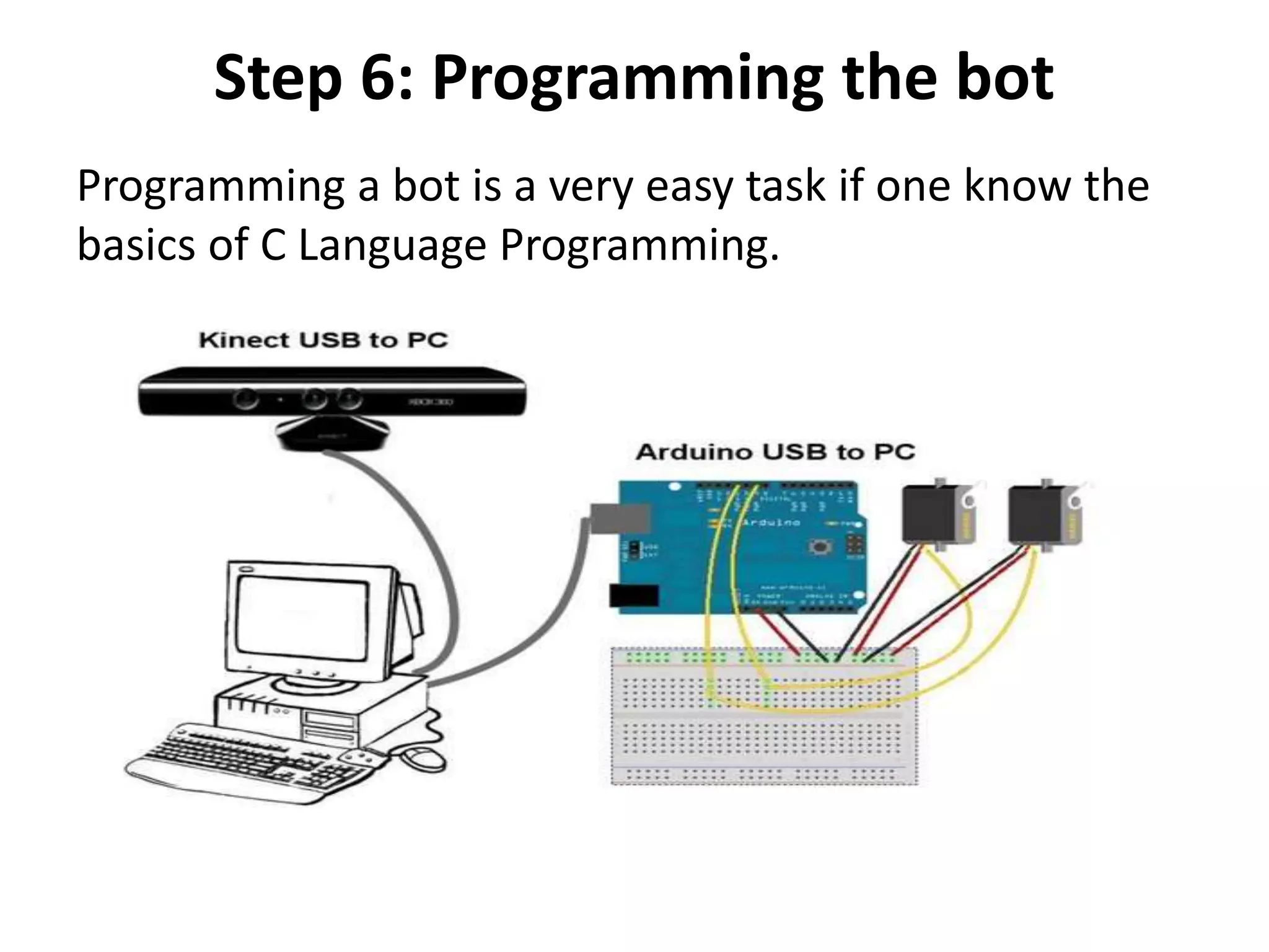 Step 6: Programming the bot
Programming a bot is a very easy task if one know the
basics of C Language Programming.
 