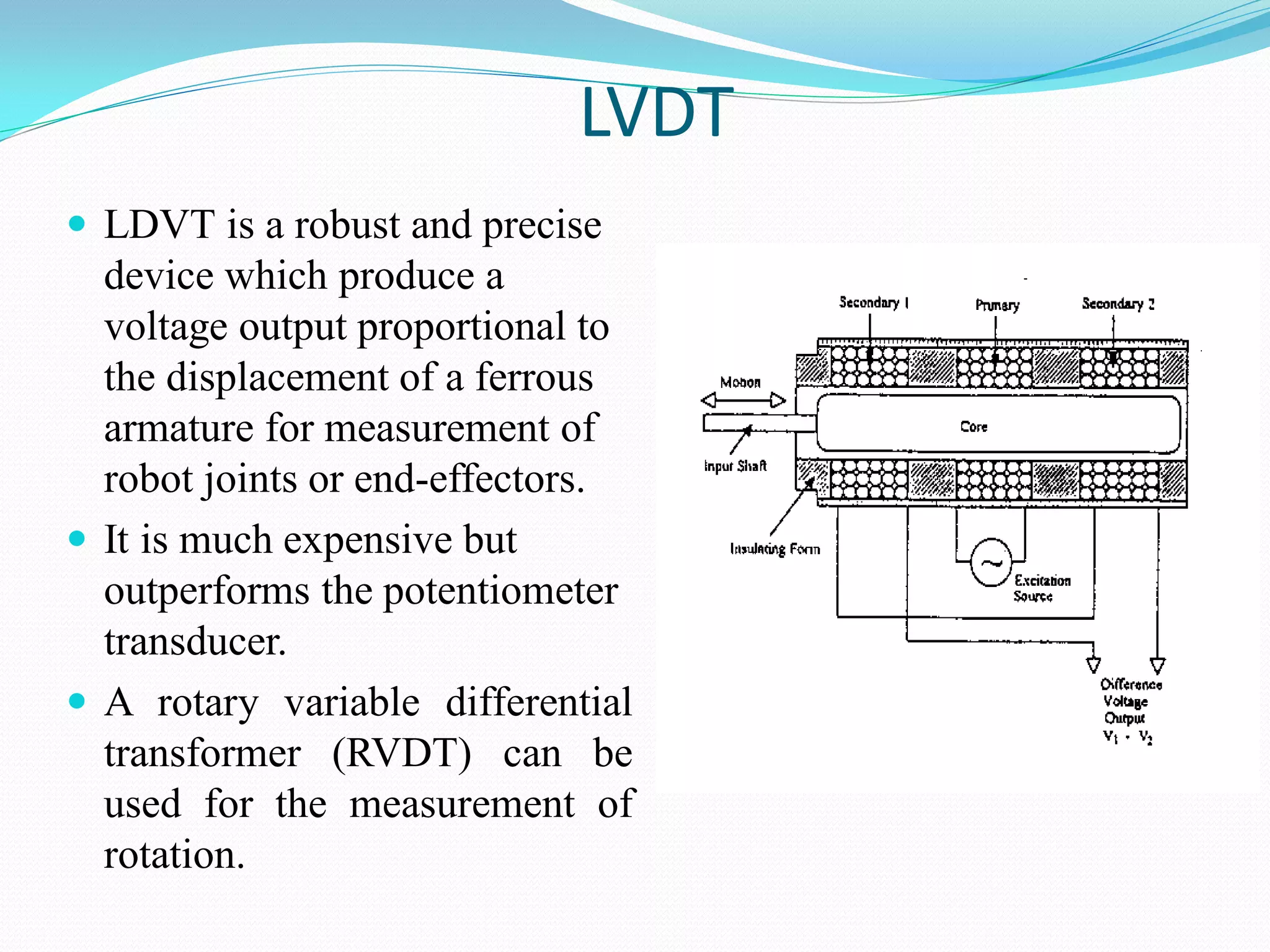  LDVT is a robust and precise
device which produce a
voltage output proportional to
the displacement of a ferrous
armature for measurement of
robot joints or end-effectors.
 It is much expensive but
outperforms the potentiometer
transducer.
 A rotary variable differential
transformer (RVDT) can be
used for the measurement of
rotation.
LVDT
 