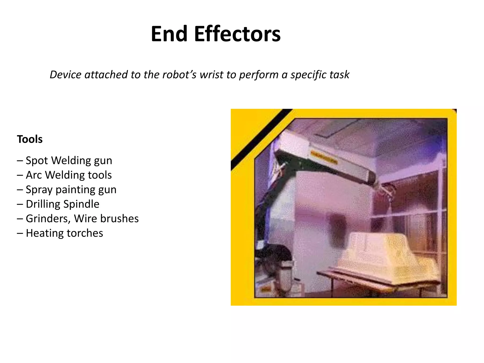 Tools
– Spot Welding gun
– Arc Welding tools
– Spray painting gun
– Drilling Spindle
– Grinders, Wire brushes
– Heating torches
End Effectors
Device attached to the robot’s wrist to perform a specific task
 