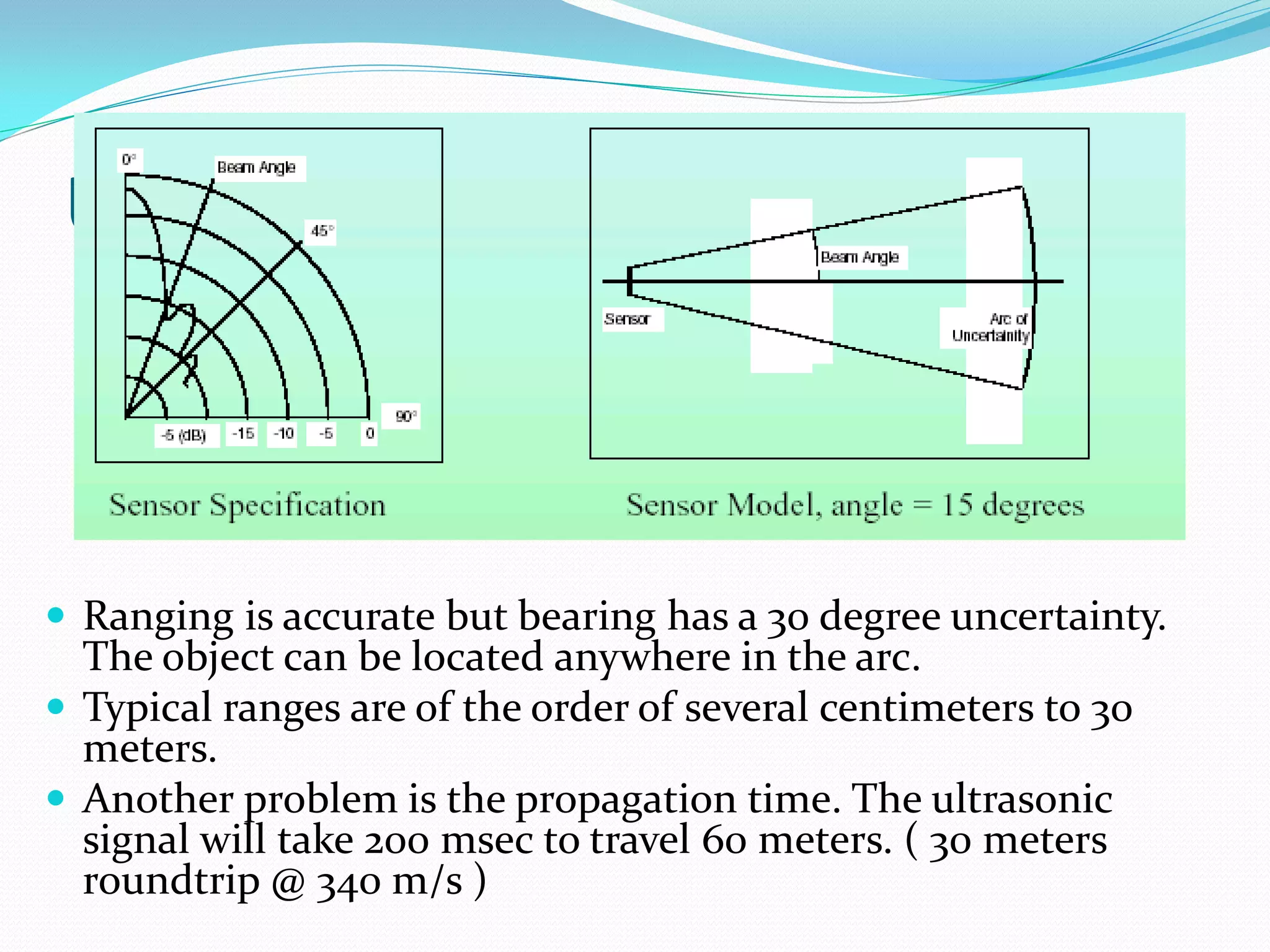 Ultrasonic Sensors
 Ranging is accurate but bearing has a 30 degree uncertainty.
The object can be located anywhere in the arc.
 Typical ranges are of the order of several centimeters to 30
meters.
 Another problem is the propagation time. The ultrasonic
signal will take 200 msec to travel 60 meters. ( 30 meters
roundtrip @ 340 m/s )
 
