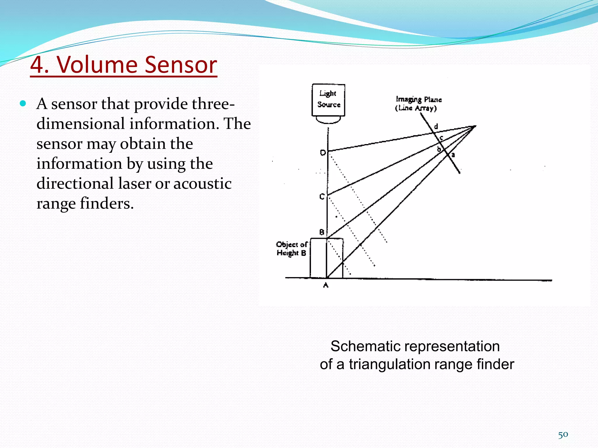 4. Volume Sensor
 A sensor that provide three-
dimensional information. The
sensor may obtain the
information by using the
directional laser or acoustic
range finders.
50
Schematic representation
of a triangulation range finder
 