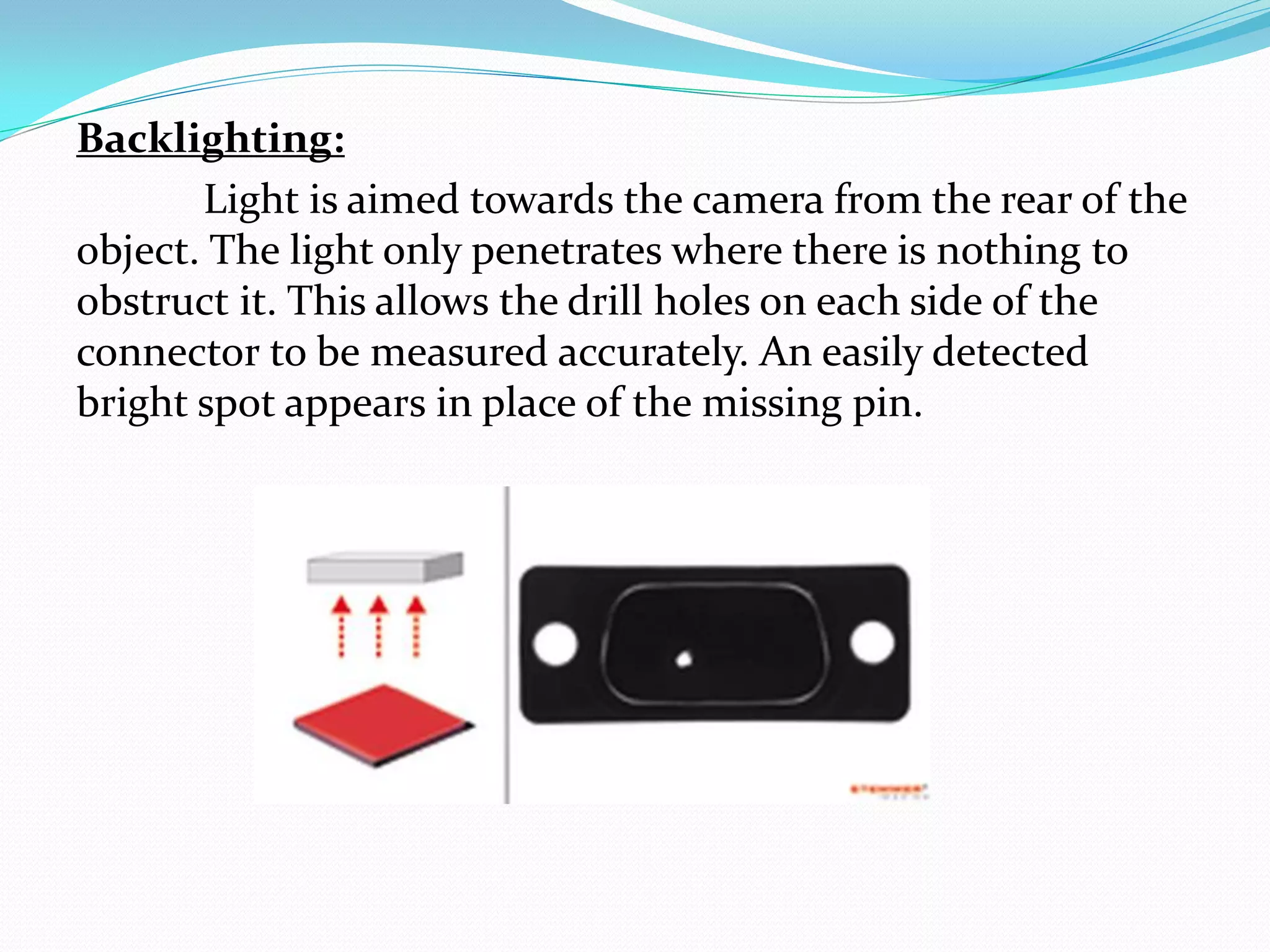 Backlighting:
Light is aimed towards the camera from the rear of the
object. The light only penetrates where there is nothing to
obstruct it. This allows the drill holes on each side of the
connector to be measured accurately. An easily detected
bright spot appears in place of the missing pin.
 