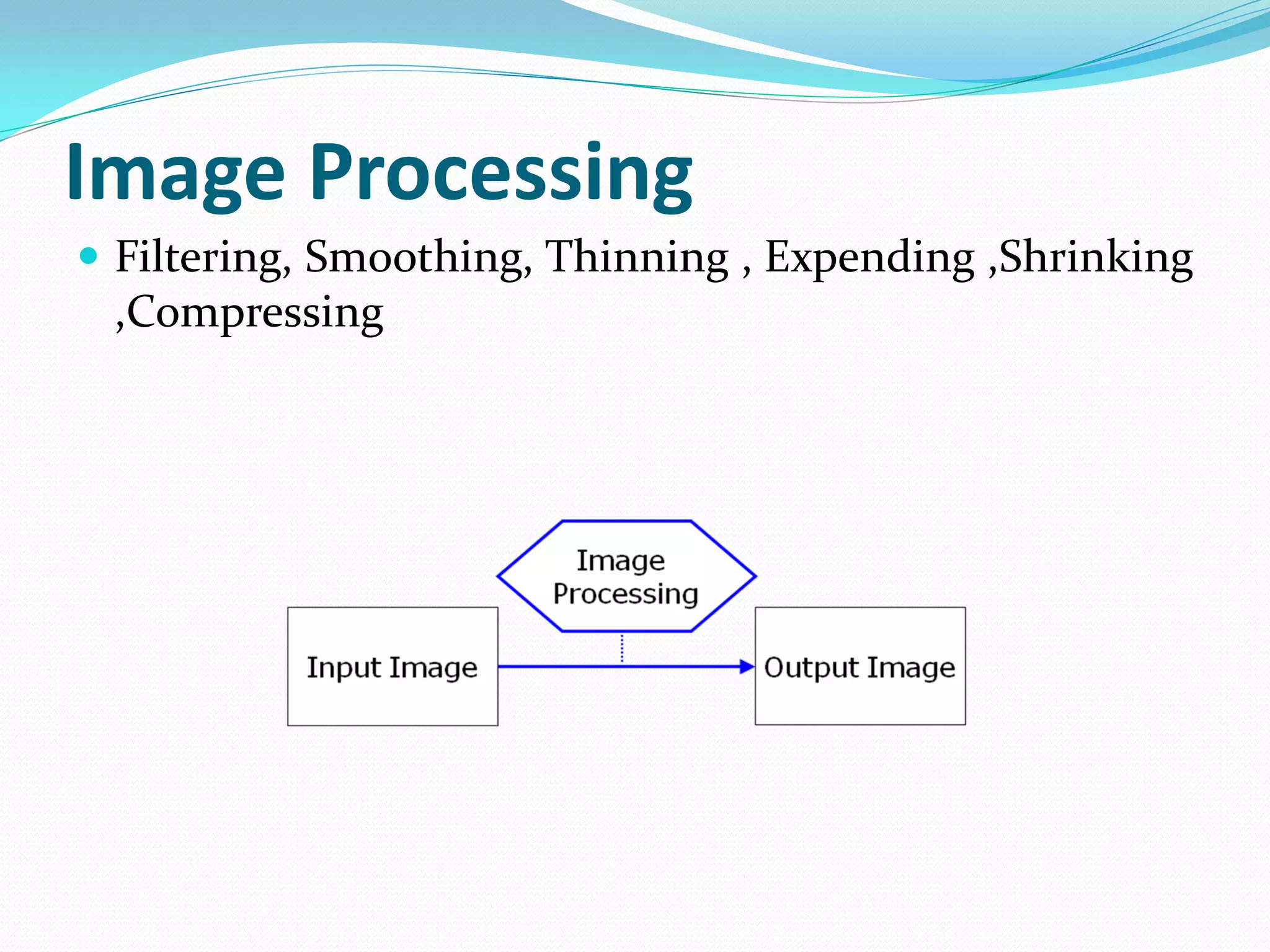 Image Processing
 Filtering, Smoothing, Thinning , Expending ,Shrinking
,Compressing
 