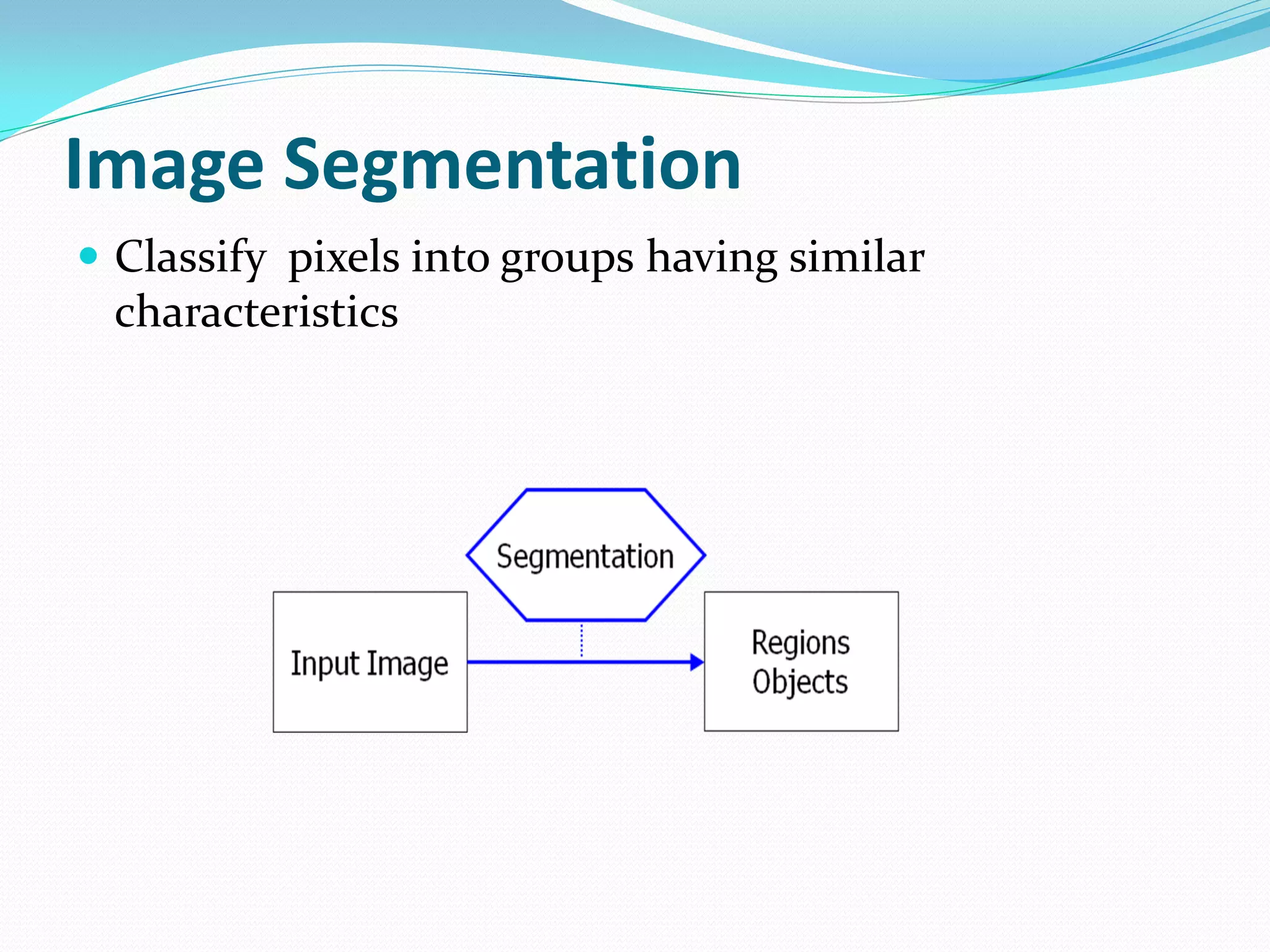 Image Segmentation
 Classify pixels into groups having similar
characteristics
 