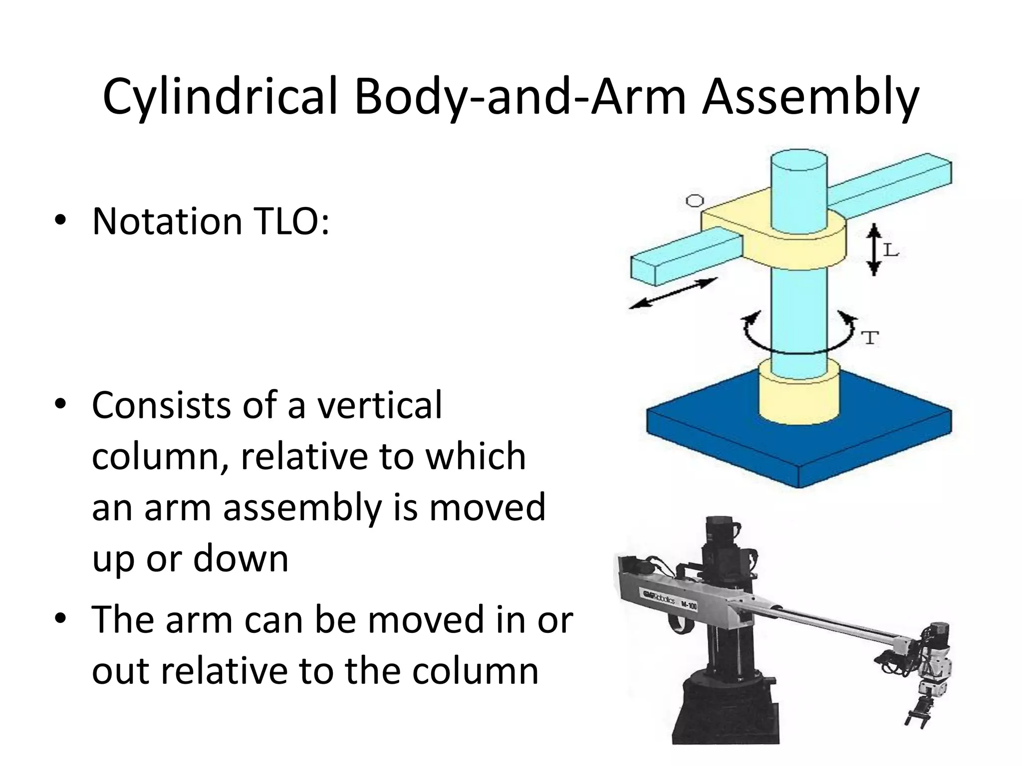 Cylindrical Body-and-Arm Assembly
• Notation TLO:
• Consists of a vertical
column, relative to which
an arm assembly is moved
up or down
• The arm can be moved in or
out relative to the column
 