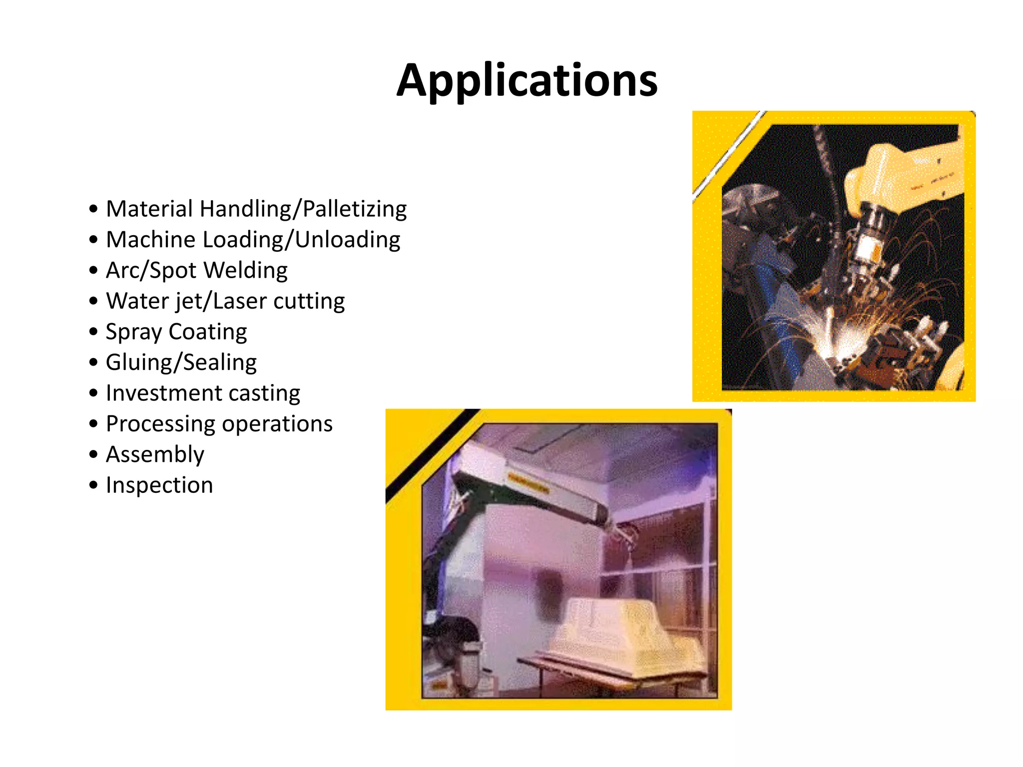 • Material Handling/Palletizing
• Machine Loading/Unloading
• Arc/Spot Welding
• Water jet/Laser cutting
• Spray Coating
• Gluing/Sealing
• Investment casting
• Processing operations
• Assembly
• Inspection
Applications
 