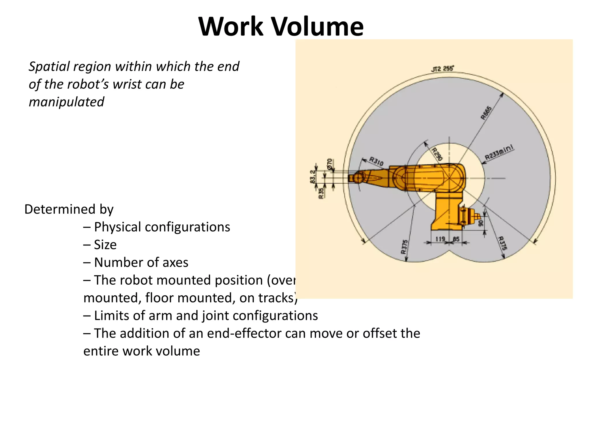 Determined by
– Physical configurations
– Size
– Number of axes
– The robot mounted position (overhead gantry, wall-
mounted, floor mounted, on tracks)
– Limits of arm and joint configurations
– The addition of an end-effector can move or offset the
entire work volume
Work Volume
Spatial region within which the end
of the robot’s wrist can be
manipulated
 
