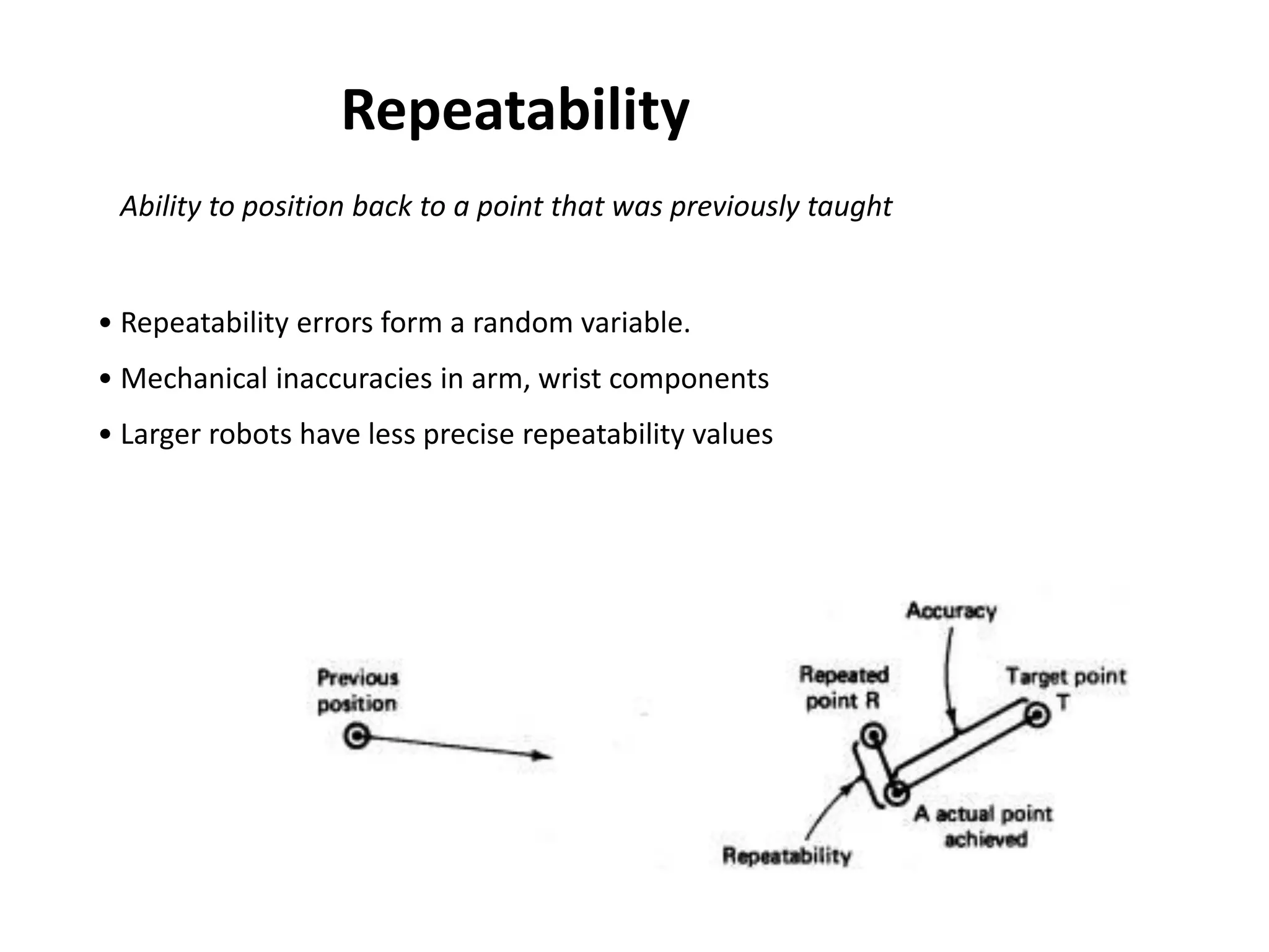 • Repeatability errors form a random variable.
• Mechanical inaccuracies in arm, wrist components
• Larger robots have less precise repeatability values
Repeatability
Ability to position back to a point that was previously taught
 