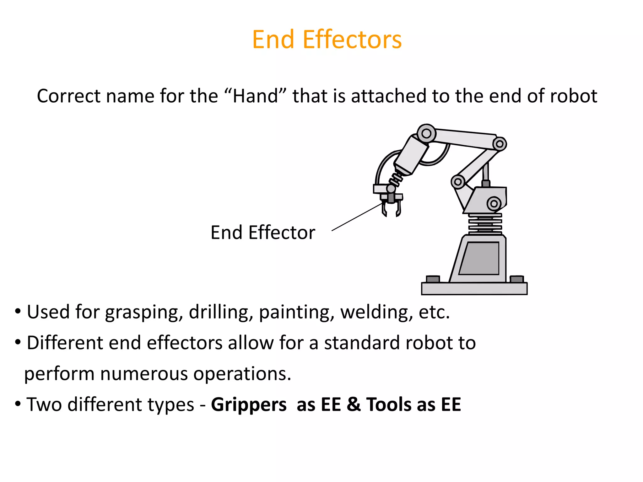 End Effectors
Correct name for the “Hand” that is attached to the end of robot
• Used for grasping, drilling, painting, welding, etc.
• Different end effectors allow for a standard robot to
perform numerous operations.
• Two different types - Grippers as EE & Tools as EE
End Effector
 