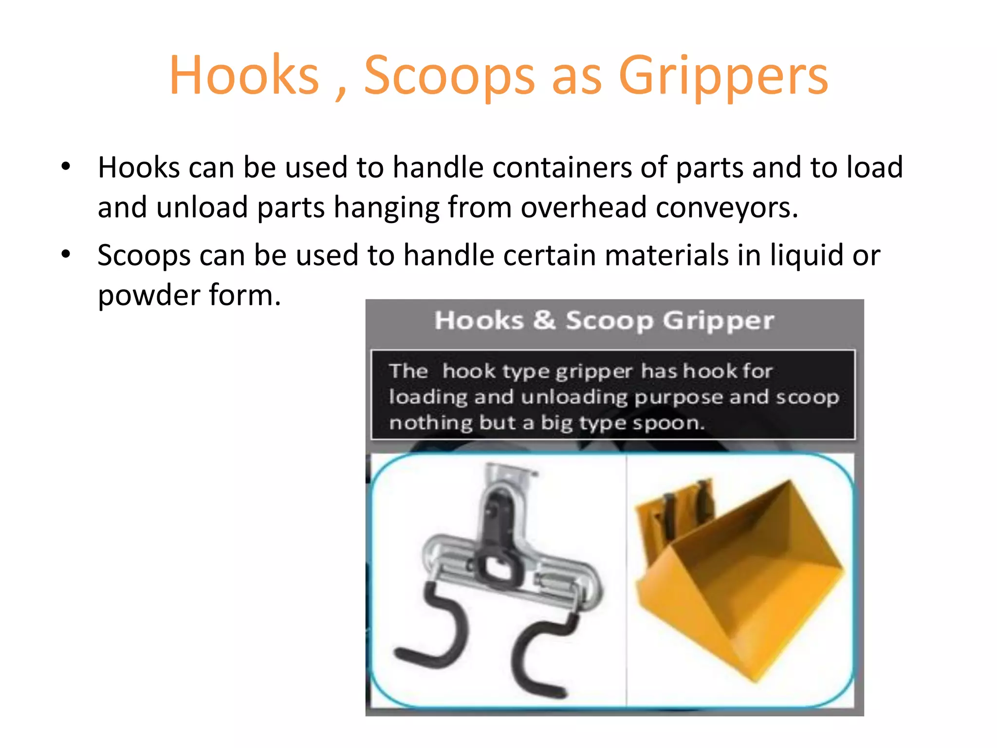 Hooks , Scoops as Grippers
• Hooks can be used to handle containers of parts and to load
and unload parts hanging from overhead conveyors.
• Scoops can be used to handle certain materials in liquid or
powder form.
 