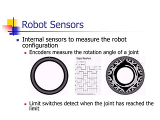 Robot Sensors
 Internal sensors to measure the robot
configuration
 Encoders measure the rotation angle of a joint
 Limit switches detect when the joint has reached the
limit
 