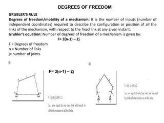 DEGREES OF FREEDOM
GRUBLER’S RULE
Degrees of freedom/mobility of a mechanism: It is the number of inputs (number of
independent coordinates) required to describe the configuration or position of all the
links of the mechanism, with respect to the fixed link at any given instant.
Grubler’s equation: Number of degrees of freedom of a mechanism is given by:
F= 3(n-1) – 2j
F = Degrees of freedom
n = Number of links
j= number of joints
F= 3(n-1) – 2j
 