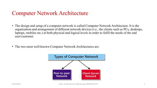 Computer Network Architecture
• The design and setup of a computer network is called Computer Network Architecture. It is the
organization and arrangement of different network devices (i.e., the clients such as PCs, desktops,
laptops, mobiles etc.) at both physical and logical levels in order to fulfil the needs of the end
user/customer.
• The two most well-known Computer Network Architectures are:
8/22/2023 Dept. of Mechanical Engineering, NMAMIT,NITTE 1
 