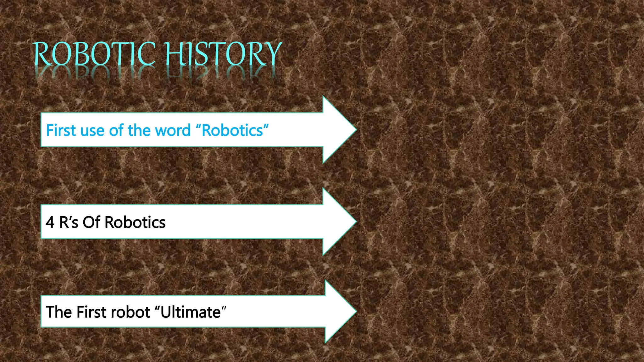 ROBOTIC HISTORY
First use of the word “Robotics”
4 R’s Of Robotics
The First robot “Ultimate”
 