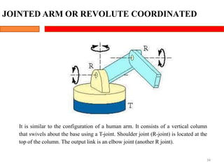 JOINTED ARM OR REVOLUTE COORDINATED
It is similar to the configuration of a human arm. It consists of a vertical column
that swivels about the base using a T-joint. Shoulder joint (R-joint) is located at the
top of the column. The output link is an elbow joint (another R joint).
34
 