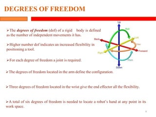 DEGREES OF FREEDOM
4
The degrees of freedom (dof) of a rigid body is defined
as the number of independent movements it has.
Higher number dof indicates an increased flexibility in
positioning a tool.
For each degree of freedom a joint is required.
The degrees of freedom located in the arm define the configuration.
Three degrees of freedom located in the wrist give the end effector all the flexibility.
A total of six degrees of freedom is needed to locate a robot’s hand at any point in its
work space.
 