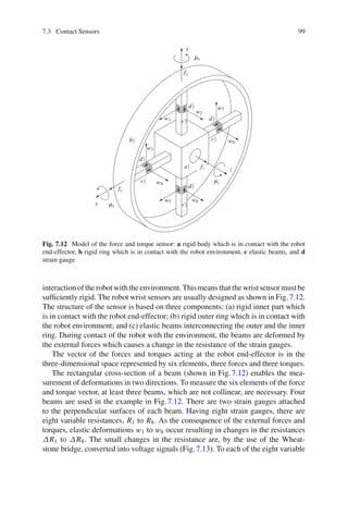 7.3 Contact Sensors 99
a)
b)
c)
c)
c)
c)
d)
d)
d)
d)
x
y
z
fx
fy
fz
μx
μy
μz
w1
w2
w3
w4
w5 w6
w7
w8
Fig. 7.12 Model of the force and torque sensor: a rigid body which is in contact with the robot
end-effector, b rigid ring which is in contact with the robot environment, c elastic beams, and d
strain gauge
interactionoftherobotwiththeenvironment.Thismeansthatthewristsensormustbe
sufficiently rigid. The robot wrist sensors are usually designed as shown in Fig.7.12.
The structure of the sensor is based on three components: (a) rigid inner part which
is in contact with the robot end-effector; (b) rigid outer ring which is in contact with
the robot environment; and (c) elastic beams interconnecting the outer and the inner
ring. During contact of the robot with the environment, the beams are deformed by
the external forces which causes a change in the resistance of the strain gauges.
The vector of the forces and torques acting at the robot end-effector is in the
three-dimensional space represented by six elements, three forces and three torques.
The rectangular cross-section of a beam (shown in Fig.7.12) enables the mea-
surement of deformations in two directions. To measure the six elements of the force
and torque vector, at least three beams, which are not collinear, are necessary. Four
beams are used in the example in Fig.7.12. There are two strain gauges attached
to the perpendicular surfaces of each beam. Having eight strain gauges, there are
eight variable resistances, R1 to R8. As the consequence of the external forces and
torques, elastic deformations w1 to w8 occur resulting in changes in the resistances
ΔR1 to ΔR8. The small changes in the resistance are, by the use of the Wheat-
stone bridge, converted into voltage signals (Fig.7.13). To each of the eight variable
 