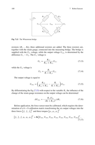 100 7 Robot Sensors
+Uin
Uouti
U1i U2i
Ri,1
Ri,1
Ri,2
Ri,3
Ri
Fig. 7.13 The Wheatstone bridge
resistors {R1 . . . R8}, three additional resistors are added. The three resistors are,
together with the strain gauge, connected into the measuring bridge. The bridge is
supplied with the Uin voltage, while the output voltage Uouti
is determined by the
difference U1i
− U2i
. The U1i
voltage is
U1i
=
Ri,2
Ri,1 + Ri,2
Uin, (7.13)
while the U2i
voltage is
U2i
=
Ri
Ri + Ri,3
Uin. (7.14)
The output voltage is equal to
Uouti
=

Ri,2
Ri,1 + Ri,2
−
Ri
Ri + Ri,3

Uin. (7.15)
By differentiating the Eq.(7.15) with respect to the variable Ri , the influence of the
change of the strain gauge resistance on the output voltage can be determined
ΔUouti
= −
Ri,3Uin
(Ri + Ri,3)2
ΔRi . (7.16)
Before application, the force sensor must be calibrated, which requires the deter-
mination of a 6 × 8 calibration matrix transforming the six output voltages into the
three forces

fx fy fz
T
and three torques

μx μy μz
T

fx fy fz μx μy μz
T
= K

Uout1
Uout2
Uout3
Uout4
Uout5
Uout6
Uout7
Uout8
T
,
(7.17)
 