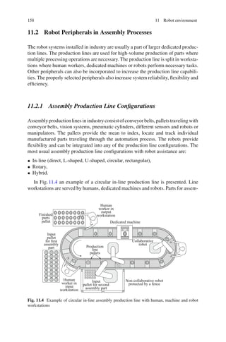 158 11 Robot environment
11.2 Robot Peripherals in Assembly Processes
The robot systems installed in industry are usually a part of larger dedicated produc-
tion lines. The production lines are used for high-volume production of parts where
multiple processing operations are necessary. The production line is split in worksta-
tions where human workers, dedicated machines or robots perform necessary tasks.
Other peripherals can also be incorporated to increase the production line capabili-
ties. The properly selected peripherals also increase system reliability, flexibility and
efficiency.
11.2.1 Assembly Production Line Configurations
Assembly production lines in industry consist of conveyor belts, pallets traveling with
conveyor belts, vision systems, pneumatic cylinders, different sensors and robots or
manipulators. The pallets provide the mean to index, locate and track individual
manufactured parts traveling through the automation process. The robots provide
flexibility and can be integrated into any of the production line configurations. The
most usual assembly production line configurations with robot assistance are:
• In-line (direct, L-shaped, U-shaped, circular, rectangular),
• Rotary,
• Hybrid.
In Fig.11.4 an example of a circular in-line production line is presented. Line
workstations are served by humans, dedicated machines and robots. Parts for assem-
Finished
parts
part
pallet
pallet
pallets
Input
Input
input
output
for first
assembly
Human
Human
line
Production
robot
Collaborative
Non-collaborative robot
protected by a fence
worker in
worker in
workstation
workstation
pallet for second
Dedicated machine
assembly part
Fig. 11.4 Example of circular in-line assembly production line with human, machine and robot
workstations
 