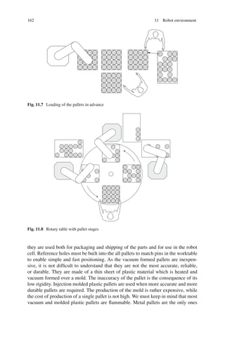 162 11 Robot environment
Fig. 11.7 Loading of the pallets in advance
Fig. 11.8 Rotary table with pallet stages
they are used both for packaging and shipping of the parts and for use in the robot
cell. Reference holes must be built into the all pallets to match pins in the worktable
to enable simple and fast positioning. As the vacuum formed pallets are inexpen-
sive, it is not difficult to understand that they are not the most accurate, reliable,
or durable. They are made of a thin sheet of plastic material which is heated and
vacuum formed over a mold. The inaccuracy of the pallet is the consequence of its
low rigidity. Injection molded plastic pallets are used when more accurate and more
durable pallets are required. The production of the mold is rather expensive, while
the cost of production of a single pallet is not high. We must keep in mind that most
vacuum and molded plastic pallets are flammable. Metal pallets are the only ones
 