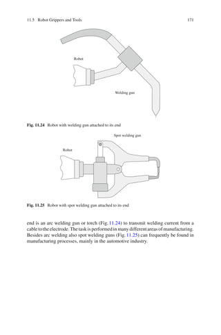 11.5 Robot Grippers and Tools 171
Robot
Welding gun
Fig. 11.24 Robot with welding gun attached to its end
Robot
Spot welding gun
Fig. 11.25 Robot with spot welding gun attached to its end
end is an arc welding gun or torch (Fig.11.24) to transmit welding current from a
cabletotheelectrode.Thetaskisperformedinmanydifferentareasofmanufacturing.
Besides arc welding also spot welding guns (Fig.11.25) can frequently be found in
manufacturing processes, mainly in the automotive industry.
 