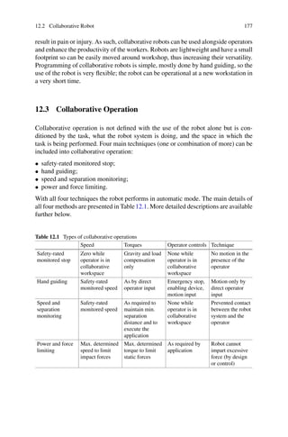12.2 Collaborative Robot 177
result in pain or injury. As such, collaborative robots can be used alongside operators
and enhance the productivity of the workers. Robots are lightweight and have a small
footprint so can be easily moved around workshop, thus increasing their versatility.
Programming of collaborative robots is simple, mostly done by hand guiding, so the
use of the robot is very flexible; the robot can be operational at a new workstation in
a very short time.
12.3 Collaborative Operation
Collaborative operation is not defined with the use of the robot alone but is con-
ditioned by the task, what the robot system is doing, and the space in which the
task is being performed. Four main techniques (one or combination of more) can be
included into collaborative operation:
• safety-rated monitored stop;
• hand guiding;
• speed and separation monitoring;
• power and force limiting.
With all four techniques the robot performs in automatic mode. The main details of
all four methods are presented in Table12.1. More detailed descriptions are available
further below.
Table 12.1 Types of collaborative operations
Speed Torques Operator controls Technique
Safety-rated
monitored stop
Zero while
operator is in
collaborative
workspace
Gravity and load
compensation
only
None while
operator is in
collaborative
workspace
No motion in the
presence of the
operator
Hand guiding Safety-rated
monitored speed
As by direct
operator input
Emergency stop,
enabling device,
motion input
Motion only by
direct operator
input
Speed and
separation
monitoring
Safety-rated
monitored speed
As required to
maintain min.
separation
distance and to
execute the
application
None while
operator is in
collaborative
workspace
Prevented contact
between the robot
system and the
operator
Power and force
limiting
Max. determined
speed to limit
impact forces
Max. determined
torque to limit
static forces
As required by
application
Robot cannot
impart excessive
force (by design
or control)
 