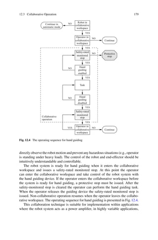 12.3 Collaborative Operation 179
Robot in
collaborative
workspace
Operator in
collaborative
workspace
Operator in
collaborative
workspace
Continue
Continue
Continue in
automatic mode
Safety-rated
monitored
stop
Safety-rated
monitored
stop
Protective
stop
Hand
guiding
enabled
Hand
guiding
disabled
Task
YES
YES
YES
YES
YES
YES
YES
NO
NO
NO
NO
NO
NO
Collaborative
operation
Fig. 12.4 The operating sequence for hand guiding
directly observe the robot motion and prevent any hazardous situations (e.g., operator
is standing under heavy load). The control of the robot and end-effector should be
intuitively understandable and controllable.
The robot system is ready for hand guiding when it enters the collaborative
workspace and issues a safety-rated monitored stop. At this point the operator
can enter the collaborative workspace and take control of the robot system with
the hand guiding device. If the operator enters the collaborative workspace before
the system is ready for hand guiding, a protective stop must be issued. After the
safety-monitored stop is cleared the operator can perform the hand guiding task.
When the operator releases the guiding device the safety-rated monitored stop is
issued. Non-collaborative operation resumes when the operator leaves the collabo-
rative workspace. The operating sequence for hand guiding is presented in Fig.12.4.
This collaboration technique is suitable for implementation within applications
where the robot system acts as a power amplifier, in highly variable applications,
 