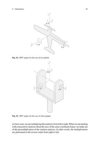 4 Orientation 43
x
y
z
Y,ψ
P,ϑ
R,ϕ
Fig. 4.4 RPY angles for the case of an airplane
x y
z
R,ϕ
P,ϑ
Y,ψ
Fig. 4.5 RPY angles for the case of robot gripper
we have seen, we are multiplying the matrices from left to right. When we are dealing
with consecutive rotations about the axes of the same coordinate frame, we make use
of the premultiplication of the rotation matrices. In other words, the multiplications
are performed in the reverse order from right to left.
 