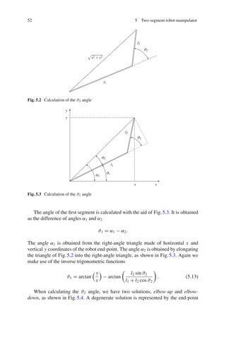 52 5 Two-segment robot manipulator
ϑ2
l1
l2
x2 +y2
Fig. 5.2 Calculation of the ϑ2 angle
ϑ1
ϑ2
l1
l2
x x
y
y
α1
α2
Fig. 5.3 Calculation of the ϑ1 angle
The angle of the first segment is calculated with the aid of Fig.5.3. It is obtained
as the difference of angles α1 and α2
ϑ1 = α1 − α2.
The angle α1 is obtained from the right-angle triangle made of horizontal x and
vertical y coordinates of the robot end-point. The angle α2 is obtained by elongating
the triangle of Fig.5.2 into the right-angle triangle, as shown in Fig.5.3. Again we
make use of the inverse trigonometric functions
ϑ1 = arctan
 y
x
− arctan
l2 sin ϑ2
l1 + l2 cos ϑ2
. (5.13)
When calculating the ϑ2 angle, we have two solutions, elbow-up and elbow-
down, as shown in Fig.5.4. A degenerate solution is represented by the end-point
 