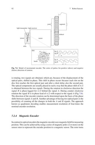 92 7 Robot Sensors
motor
sensor
reducer
joint
disk
light receiver
light transmitter
slots
sig A
sig A
sig B
sig B
home
segment
A
B
A
A
B
B
Fig. 7.6 Model of incremental encoder. The series of pulses for positive (above) and negative
(below) direction of rotation
is rotating, two signals are obtained, which are, because of the displacement of the
optical pairs, shifted in phase. This shift in phase occurs because each slot on the
disc first reaches the first optical pair and after a short delay also the second pair.
The optical components are usually placed in such a way that the phase shift of π/2
is obtained between the two signals. During the rotation in clockwise direction the
signal B is phase-lagged for π/2 behind the signal A. During counter clockwise
rotation the signal B is in phase-lead of π/2 with respect to the signal A (Fig.7.6).
The direction of the encoder rotation can be determined upon the basis of the phase
shifts between signals A and B. Another advantage of having two optical pairs is the
possibility of counting all the changes in both the A and B signals. The approach
known as quadrature decoding enables measurement resolution of four-times the
nominal encoder resolution.
7.2.4 Magnetic Encoder
Incontrasttoopticalencodersthemagneticencoderusesmagneticfieldformeasuring
position. This can be achieved by using a series of magnetic poles (2 or more) on the
sensor rotor to represent the encoder position to a magnetic sensor. The rotor turns
 