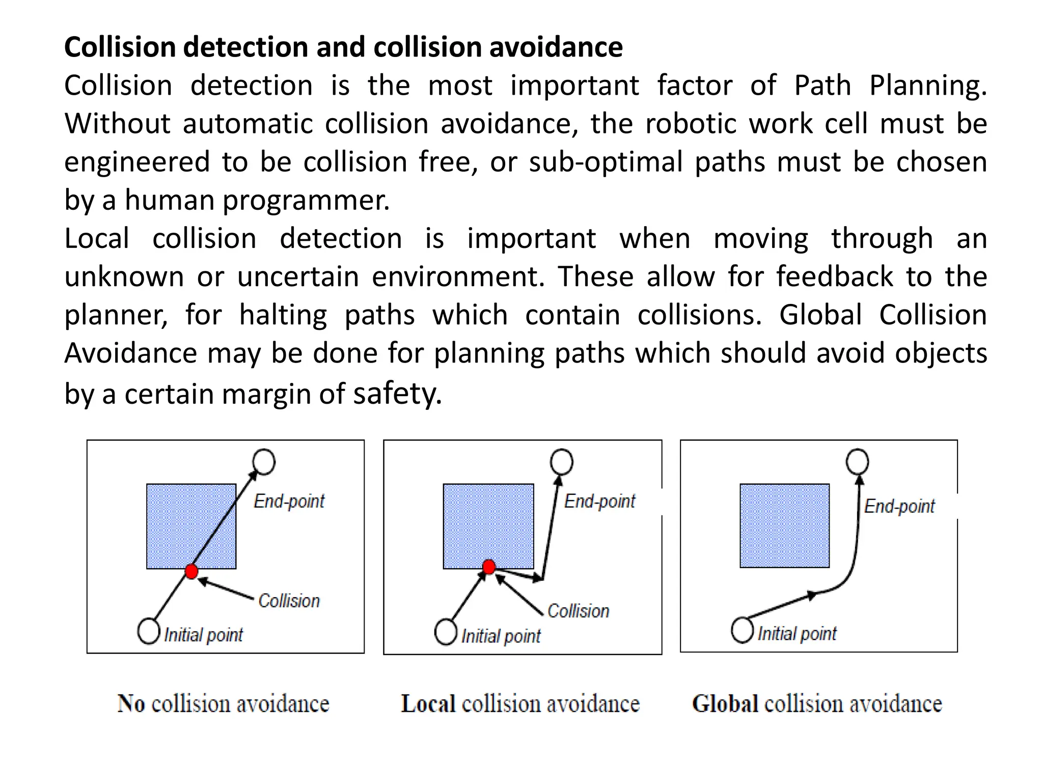 Collision detection and collision avoidance
Collision detection is the most important factor of Path Planning.
Without automatic collision avoidance, the robotic work cell must be
engineered to be collision free, or sub-optimal paths must be chosen
by a human programmer.
Local collision detection is important when moving through an
unknown or uncertain environment. These allow for feedback to the
planner, for halting paths which contain collisions. Global Collision
Avoidance may be done for planning paths which should avoid objects
by a certain margin of safety.
 