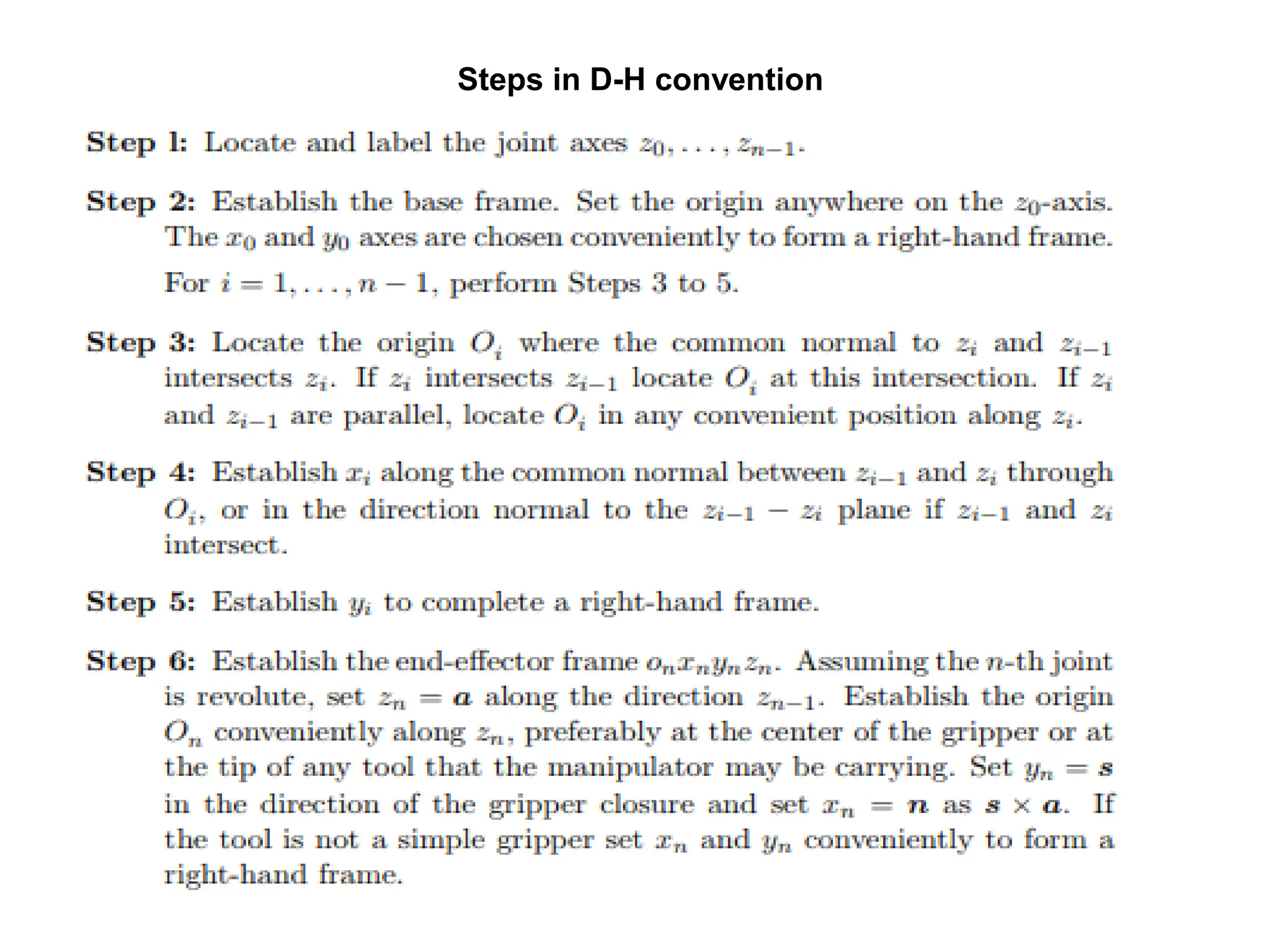 Steps in D-H convention
 