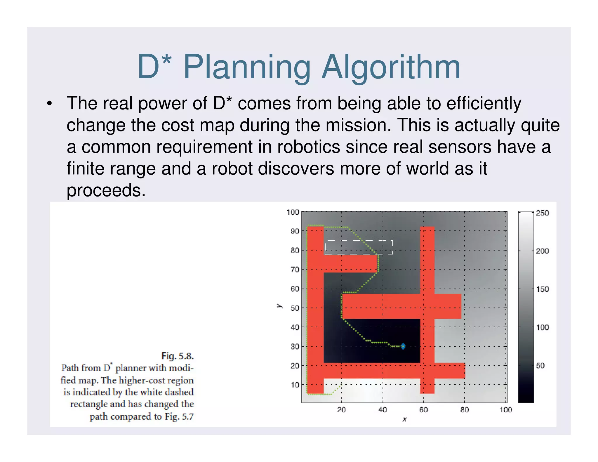 D* Planning Algorithm
• The real power of D* comes from being able to efficiently
change the cost map during the mission. This is actually quite
a common requirement in robotics since real sensors have a
finite range and a robot discovers more of world as it
proceeds.
30
 