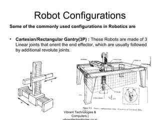 Robot Configurations
Some of the commonly used configurations in Robotics are
• Cartesian/Rectangular Gantry(3P) : These Robots are made of 3
Linear joints that orient the end effector, which are usually followed
by additional revolute joints.
Vibrant Technologies &
Computers |
 