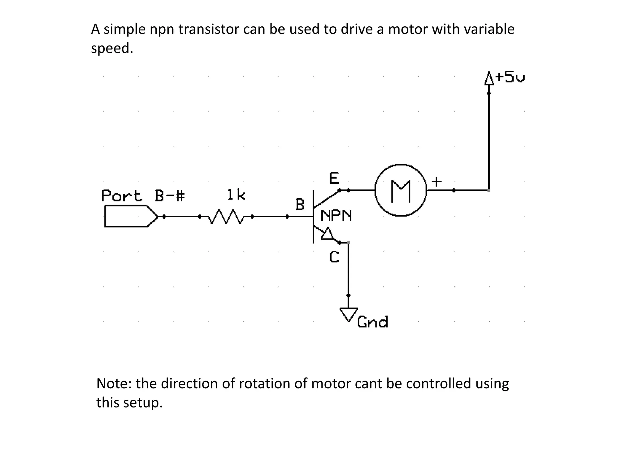 A simple npn transistor can be used to drive a motor with variable speed. Note: the direction of rotation of motor cant be controlled using this setup. 