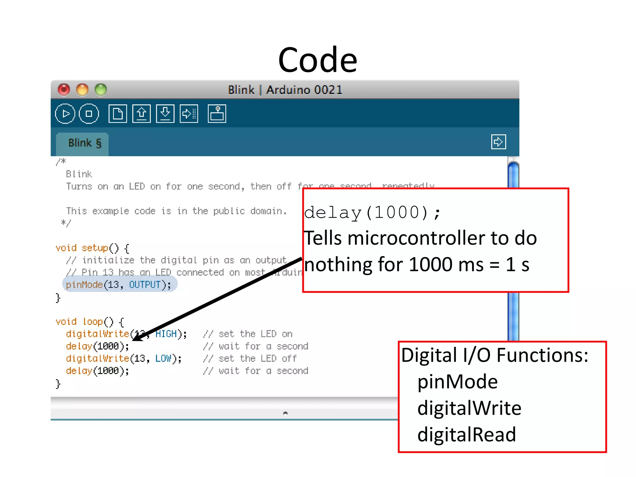 Code delay(1000); Tells microcontroller to do nothing for 1000 ms = 1 s Digital I/O Functions: pinMode digitalWrite digitalRead 