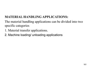 MATERIAL HANDLING APPLICATIONS:
The material handling applications can be divided into two
specific categories
1. Material transfer applications.
2. Machine loading/ unloading applications
161
 