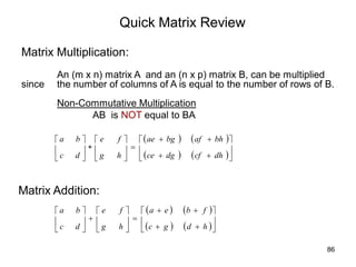 Quick Matrix Review
Matrix Multiplication:
An (m x n) matrix A and an (n x p) matrix B, can be multiplied
since the number of columns of A is equal to the number of rows of B.
Non-Commutative Multiplication
AB is NOT equal to BA
   
   























dh
cf
dg
ce
bh
af
bg
ae
h
g
f
e
d
c
b
a
Matrix Addition:
   
   























h
d
g
c
f
b
e
a
h
g
f
e
d
c
b
a
86
 