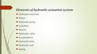 Elements of hydraulic actuation system
 Hydraulic reservoir
 Filters
 Hydraulic pump
 Cylinders
 Motors
 Hydraulic valve
 Accumulators
 Hydraulic hose
 Hydraulic seal
 piping
 