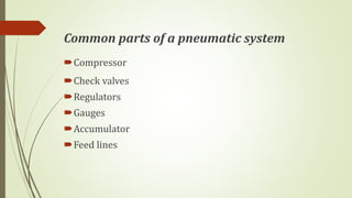 Common parts of a pneumatic system
Compressor
Check valves
Regulators
Gauges
Accumulator
Feed lines
 