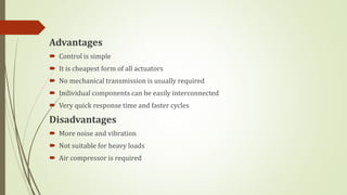 Advantages
 Control is simple
 It is cheapest form of all actuators
 No mechanical transmission is usually required
 Individual components can be easily interconnected
 Very quick response time and faster cycles
Disadvantages
 More noise and vibration
 Not suitable for heavy loads
 Air compressor is required
 