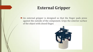 External Gripper
 An external gripper is designed so that the finger pads press
against the outside of the component. Grips the exterior surface
of the object with closed finger.
 
