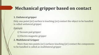 Mechanical gripper based on contact
1. Unilateral gripper
Only one point (or) surface is touching (or) contact the object to be handled
is called unilateral gripper.
Example
i) Vacuum pad gripper
ii) Electro magnetic gripper
2. Multilateral Gripper
More than two points (or) surfaces touching (or) contact the components
to be handled is called as multilateral gripper
 