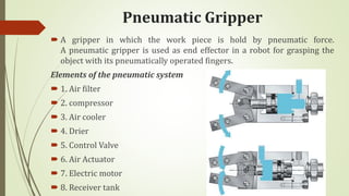 Pneumatic Gripper
 A gripper in which the work piece is hold by pneumatic force.
A pneumatic gripper is used as end effector in a robot for grasping the
object with its pneumatically operated fingers.
Elements of the pneumatic system
 1. Air filter
 2. compressor
 3. Air cooler
 4. Drier
 5. Control Valve
 6. Air Actuator
 7. Electric motor
 8. Receiver tank
 