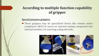 According to multiple function capability
of gripper
Special purpose grippers
 These grippers may be specialized device like remote centre
compliance (RCC) to insert an external mating component into
internal member, viz inserting a plug into hole.
 