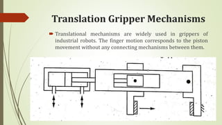Translation Gripper Mechanisms
 Translational mechanisms are widely used in grippers of
industrial robots. The finger motion corresponds to the piston
movement without any connecting mechanisms between them.
 
