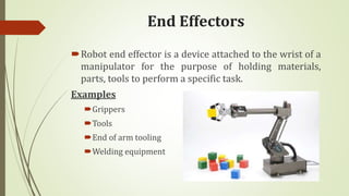 End Effectors
Robot end effector is a device attached to the wrist of a
manipulator for the purpose of holding materials,
parts, tools to perform a specific task.
Examples
Grippers
Tools
End of arm tooling
Welding equipment
 